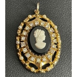 Vintage Cameo Pendant Black Victorian Revival Rhinestone Faux Pearl Gold Tone